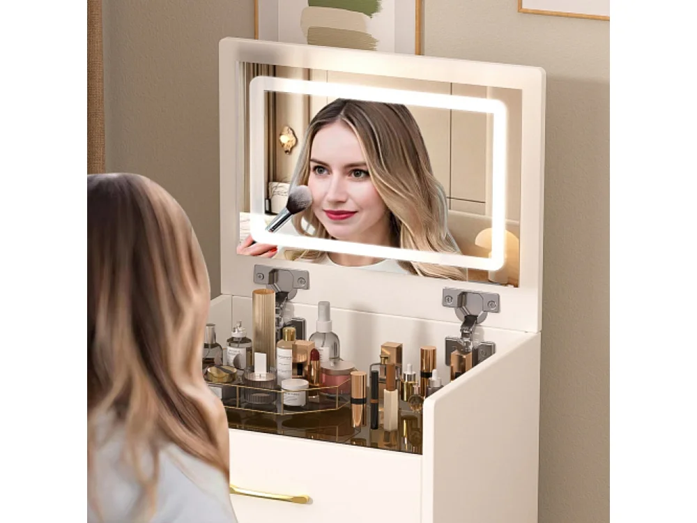 3-in-1-Schminktisch mit offenem Spiegel, kleines Schminktisch-Set mit Tischplatte aus Klarglas, kompakter Schminktisch mit 3 Schubladen,Maße:B60/H118/T40 cm