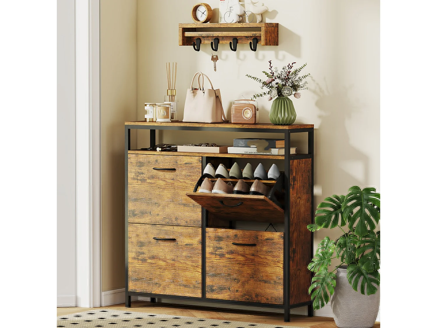 Schuhschrank mit 4 klappbaren Schubladen, Schuhbank schmales Design, offenes Regal, für 12-20 Paar Schuhe, Stahl