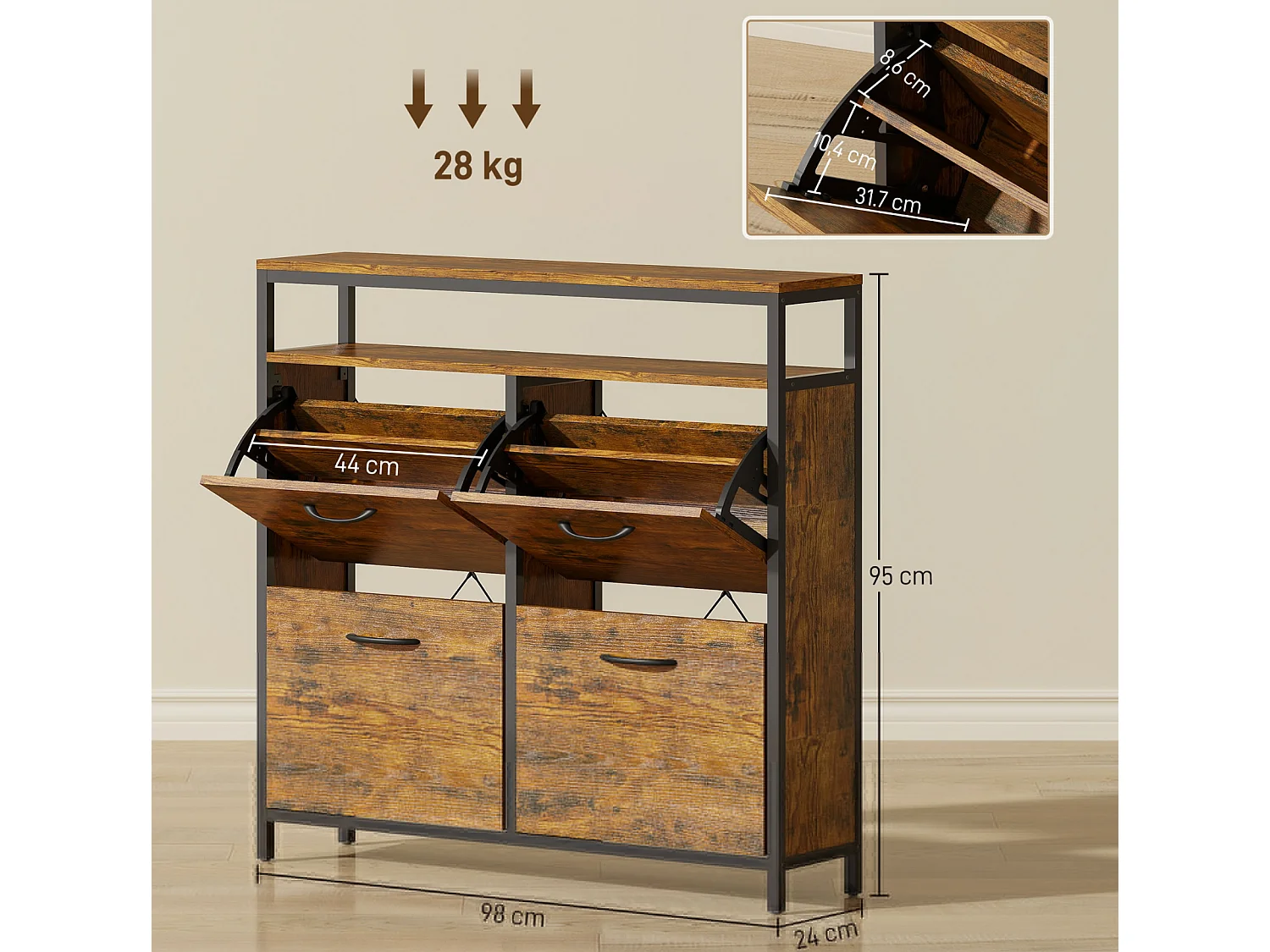 Schuhschrank mit 4 klappbaren Schubladen, Schuhbank schmales Design, offenes Regal, für 12-20 Paar Schuhe, Stahl