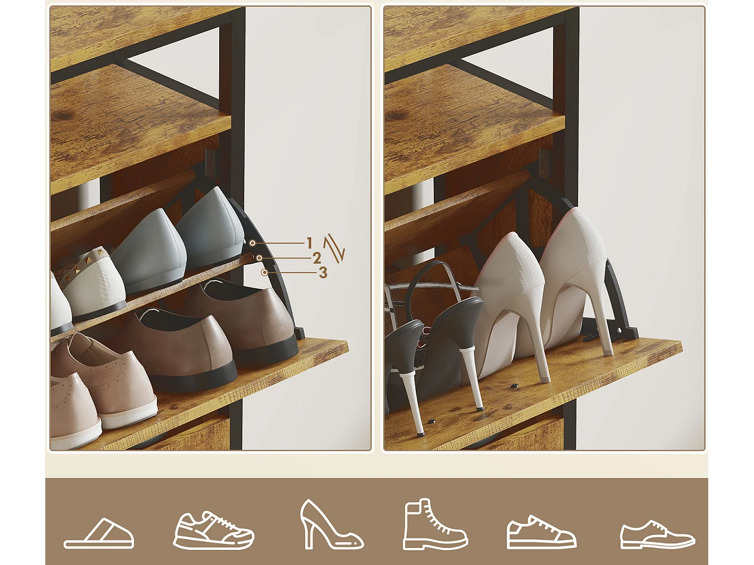 Schuhschrank mit 4 klappbaren Schubladen, Schuhbank schmales Design, offenes Regal, für 12-20 Paar Schuhe, Stahl