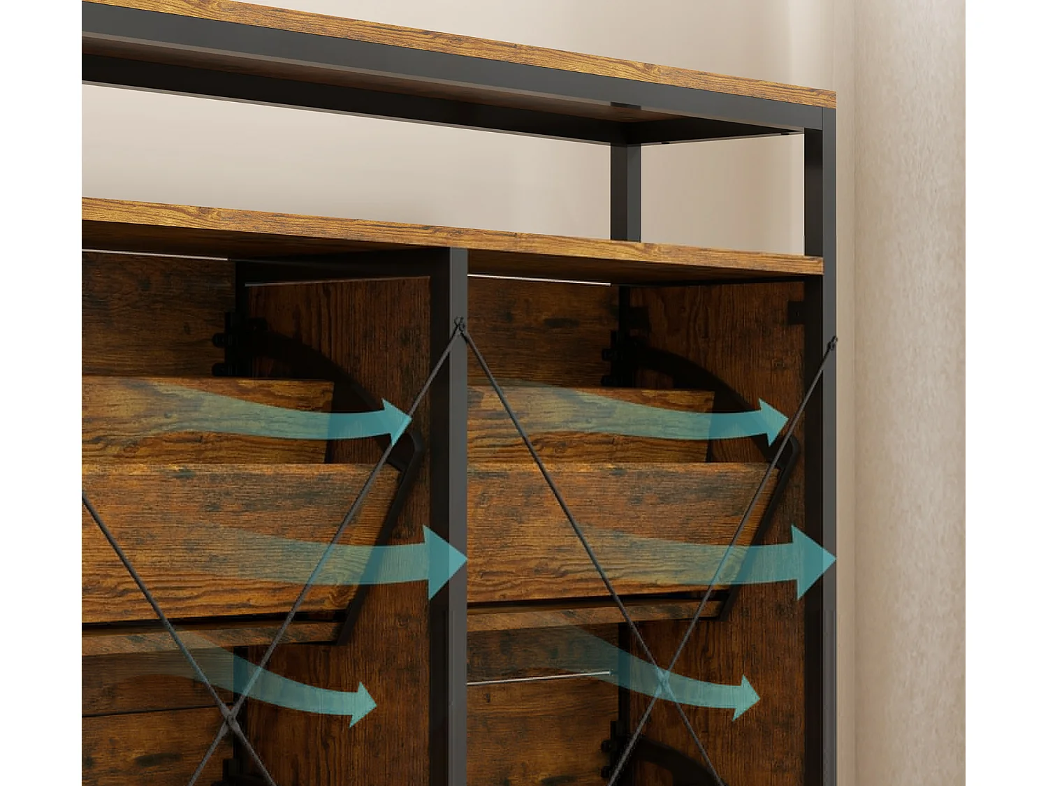 Schuhschrank mit 4 klappbaren Schubladen, Schuhbank schmales Design, offenes Regal, für 12-20 Paar Schuhe, Stahl