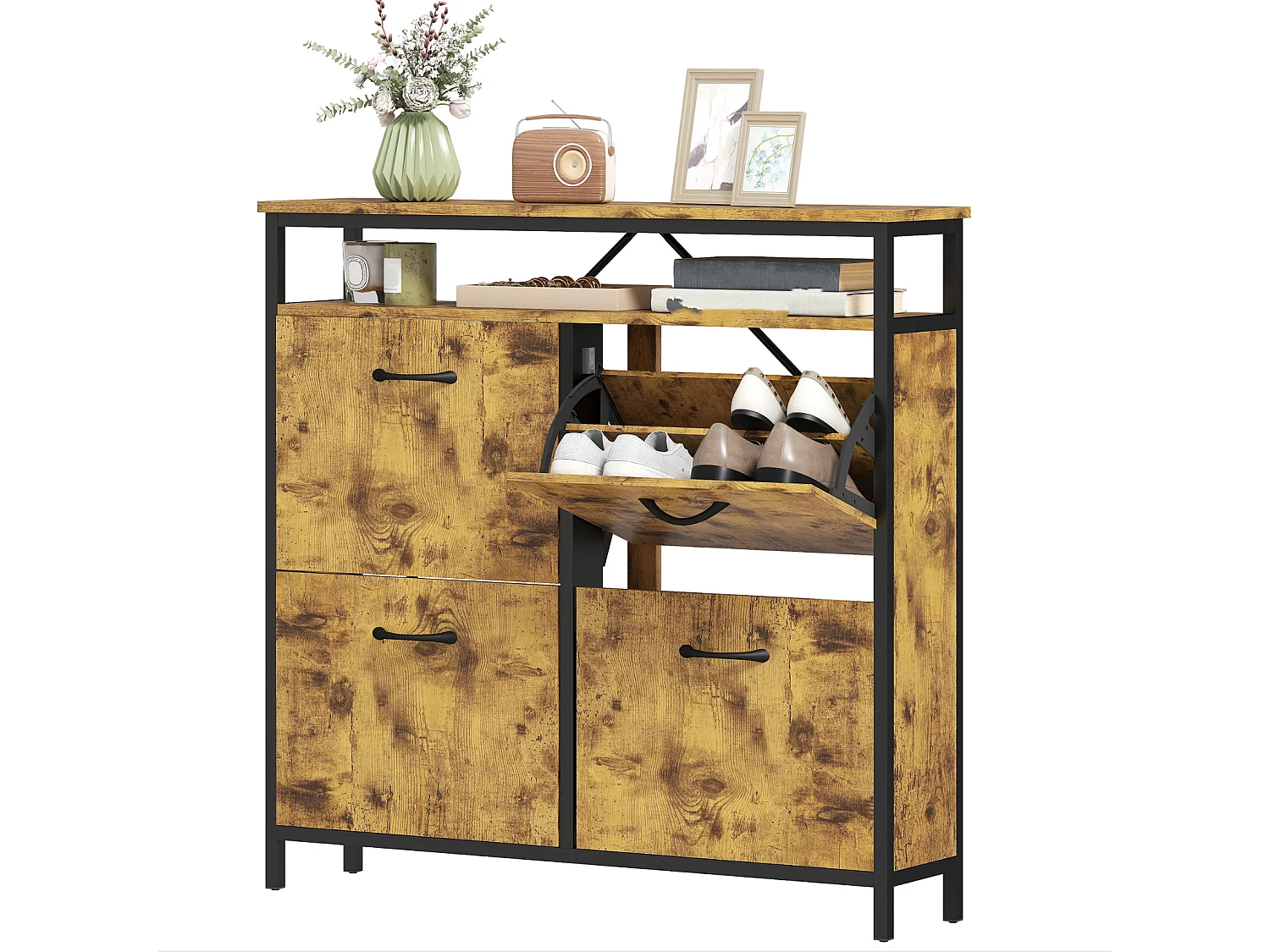 Schuhschrank mit 4 klappbaren Schubladen, Schuhbank schmales Design, offenes Regal, für 12-20 Paar Schuhe, Stahl