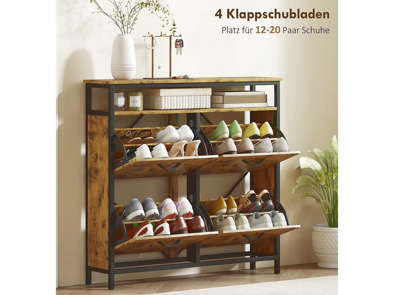 Schuhschrank mit 4 klappbaren Schubladen, Schuhbank schmales Design, offenes Regal, für 12-20 Paar Schuhe, Stahl