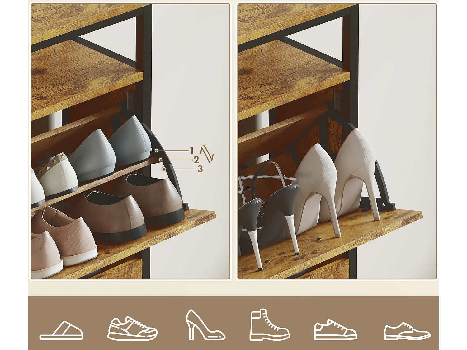 Schuhschrank mit 4 klappbaren Schubladen, Schuhbank schmales Design, offenes Regal, für 12-20 Paar Schuhe, Stahl