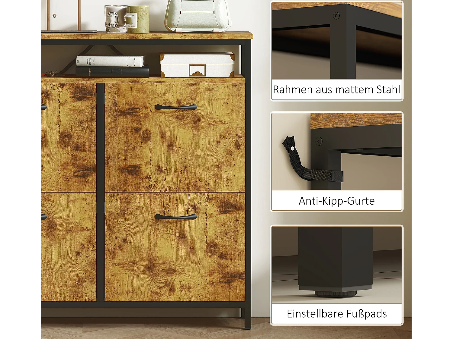 Schuhschrank mit 4 klappbaren Schubladen, Schuhbank schmales Design, offenes Regal, für 12-20 Paar Schuhe, Stahl