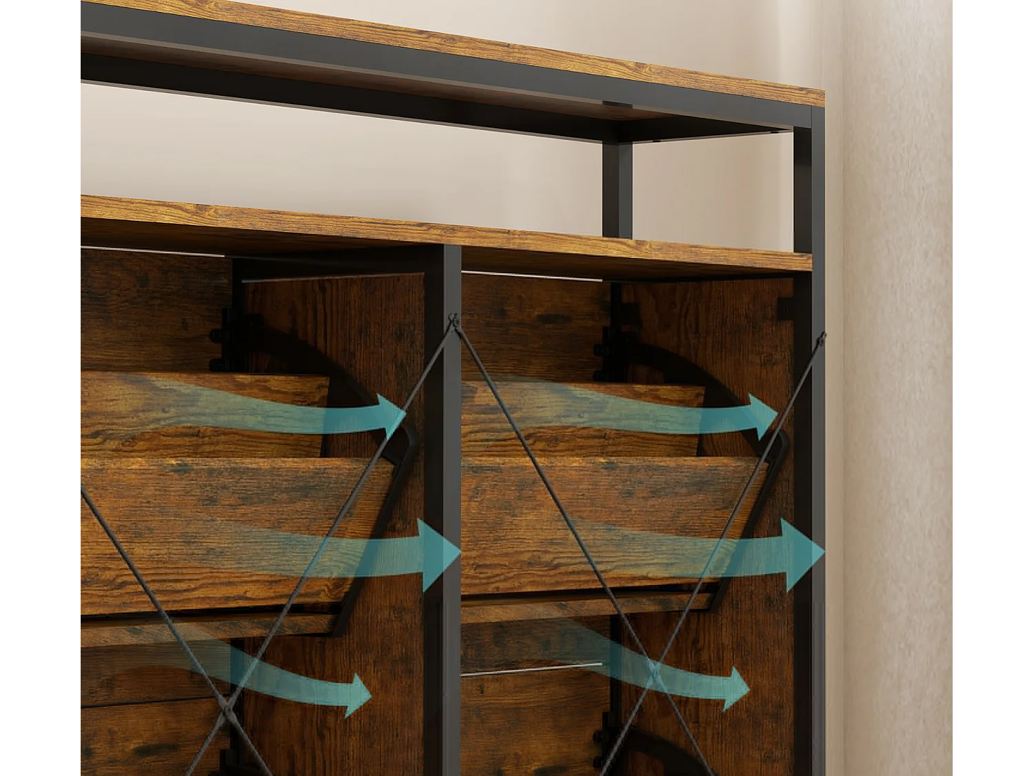 Schuhschrank mit 4 klappbaren Schubladen, Schuhbank schmales Design, offenes Regal, für 12-20 Paar Schuhe, Stahl