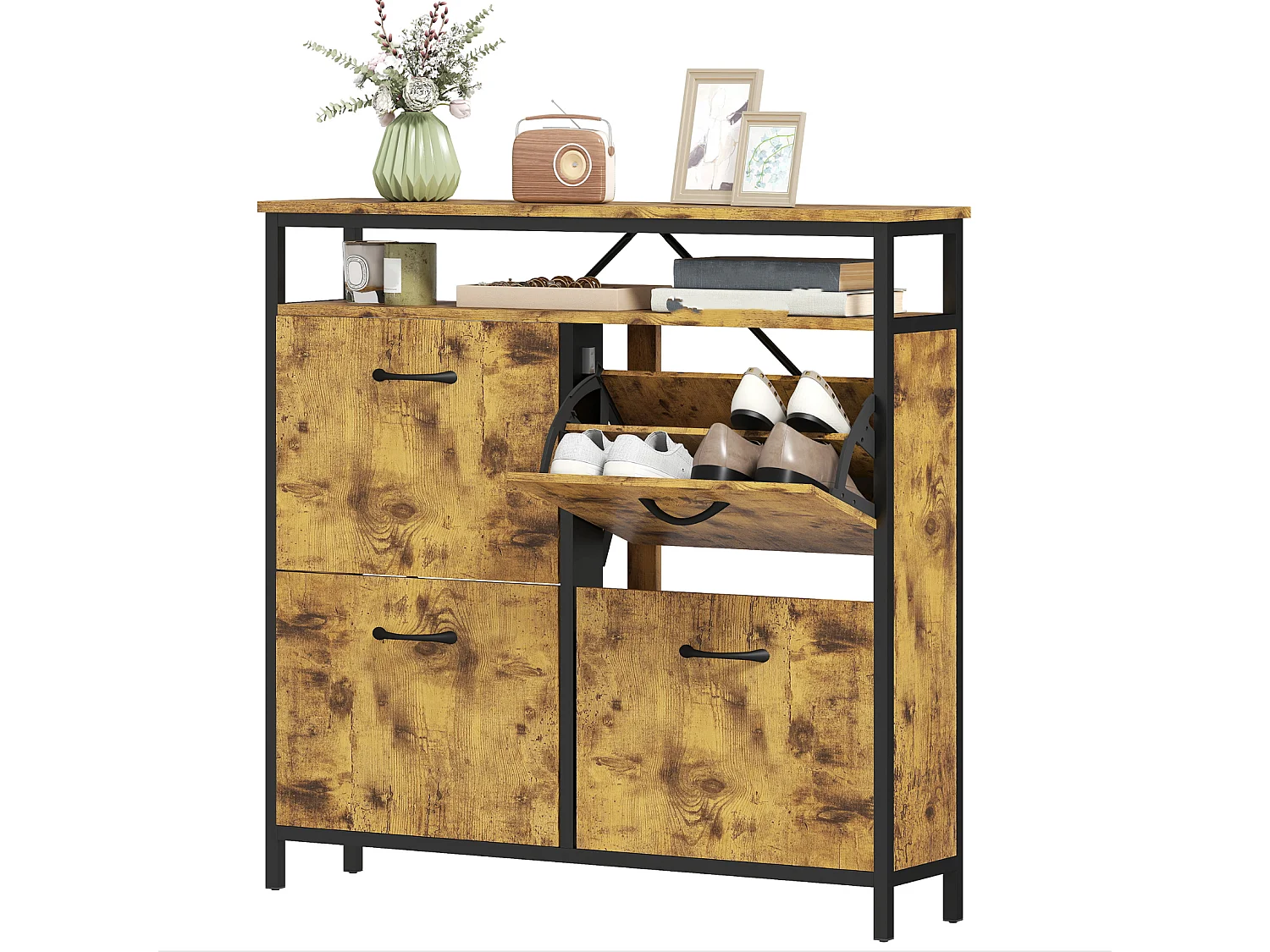 Schuhschrank mit 4 klappbaren Schubladen, Schuhbank schmales Design, offenes Regal, für 12-20 Paar Schuhe, Stahl