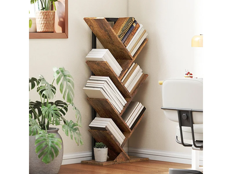 Bücherregal mit 7 Ebenen Schmal Regal im Baumform Standregal Bücherschrank für Büro Rustikal Braun