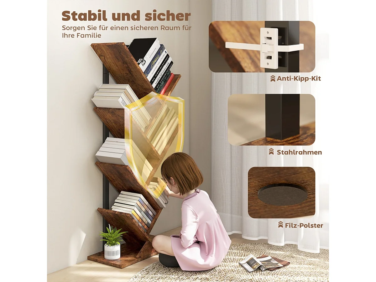 Bücherregal mit 7 Ebenen Schmal Regal im Baumform Standregal Bücherschrank für Büro Rustikal Braun