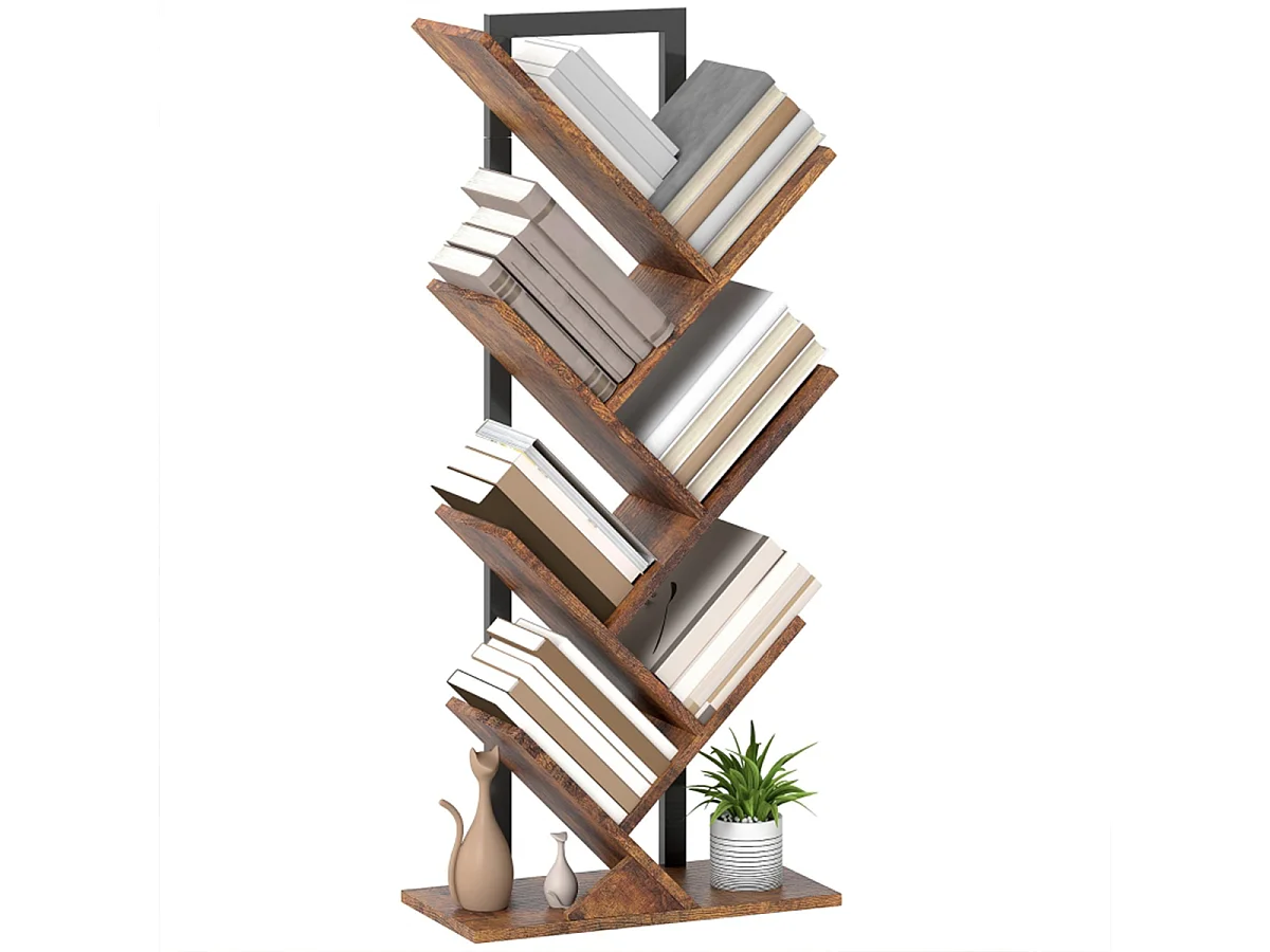 Bücherregal mit 7 Ebenen Schmal Regal im Baumform Standregal Bücherschrank für Büro Rustikal Braun