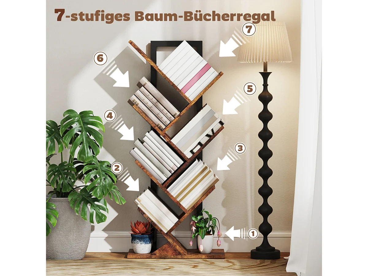 Bücherregal mit 7 Ebenen Schmal Regal im Baumform Standregal Bücherschrank für Büro Rustikal Braun
