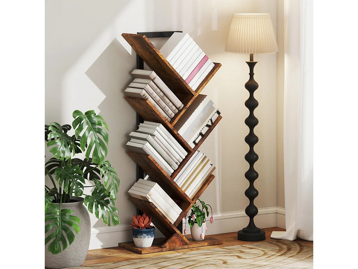 Bücherregal mit 7 Ebenen Schmal Regal im Baumform Standregal Bücherschrank für Büro Rustikal Braun