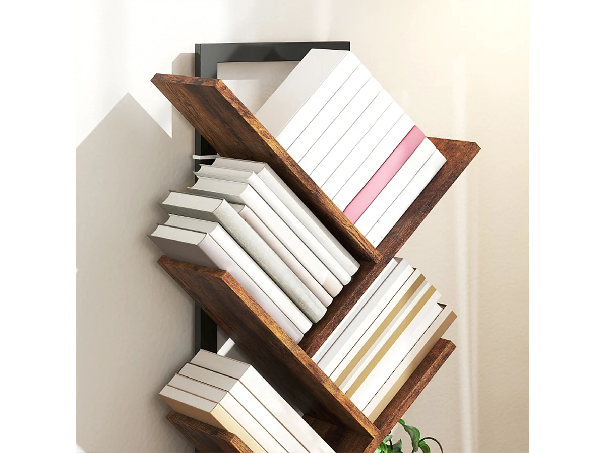 Bücherregal mit 7 Ebenen Schmal Regal im Baumform Standregal Bücherschrank für Büro Rustikal Braun