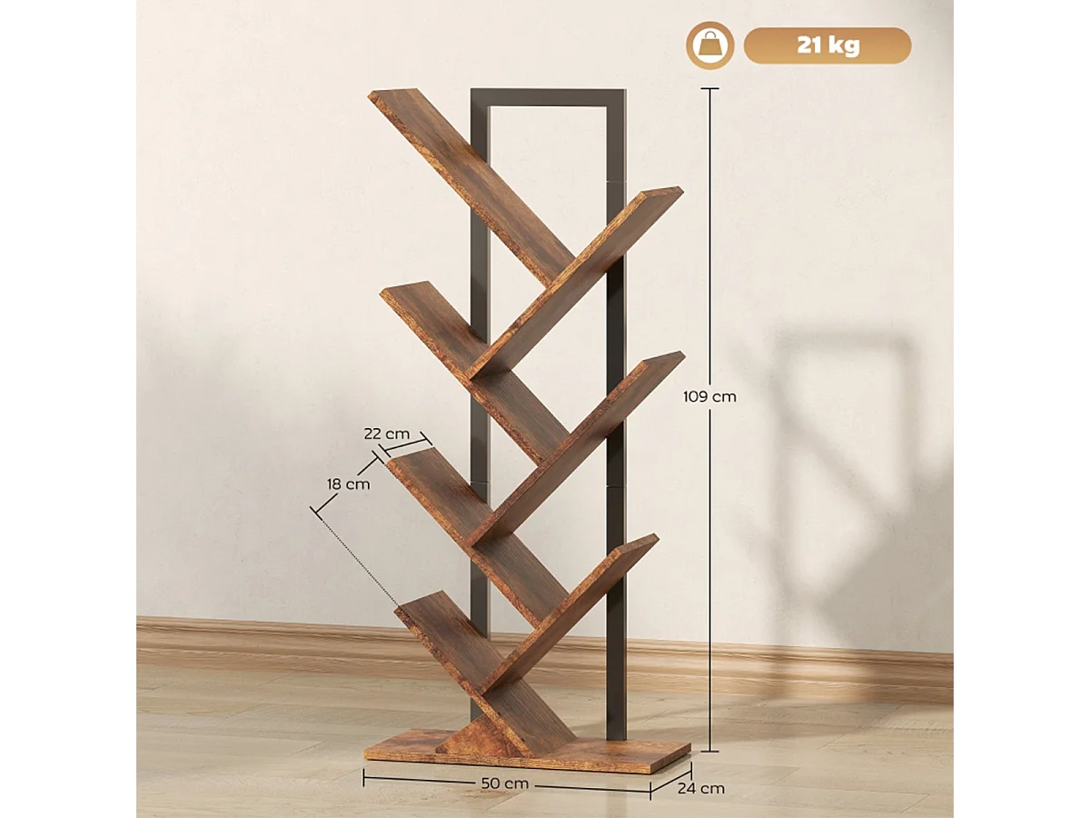 Bücherregal mit 7 Ebenen Schmal Regal im Baumform Standregal Bücherschrank für Büro Rustikal Braun