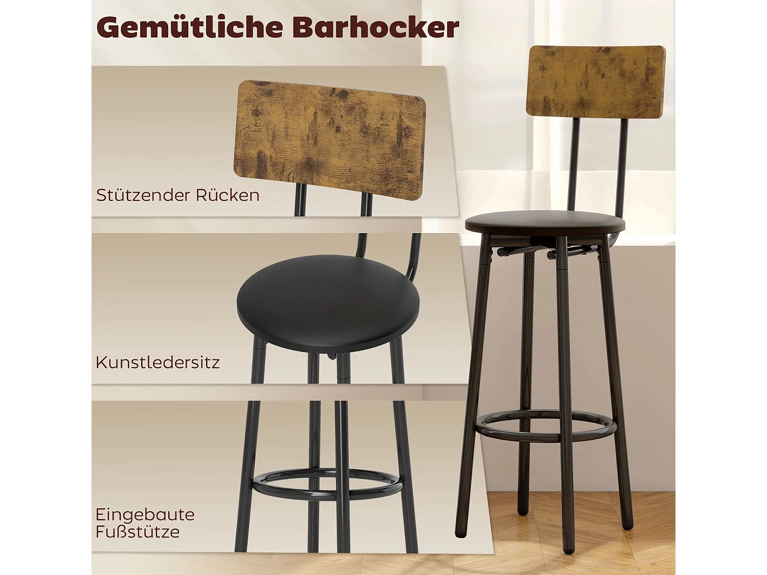 3-teiliges Bartisch-Set mit 2 gepolsterten Hockern, Rückenlehne,Küchentisch