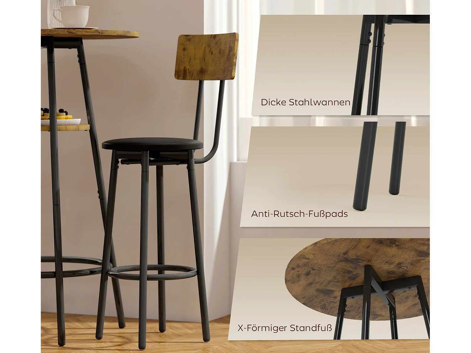 3-teiliges Bartisch-Set mit 2 gepolsterten Hockern, Rückenlehne,Küchentisch