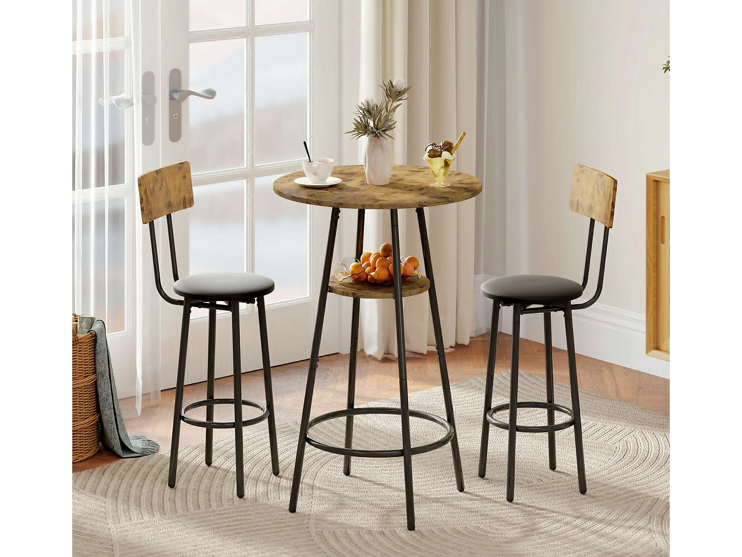 3-teiliges Bartisch-Set mit 2 gepolsterten Hockern, Rückenlehne,Küchentisch