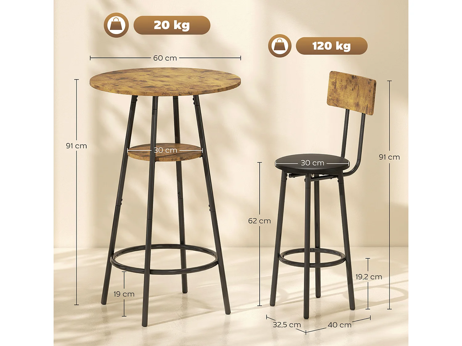 3-teiliges Bartisch-Set mit 2 gepolsterten Hockern, Rückenlehne,Küchentisch