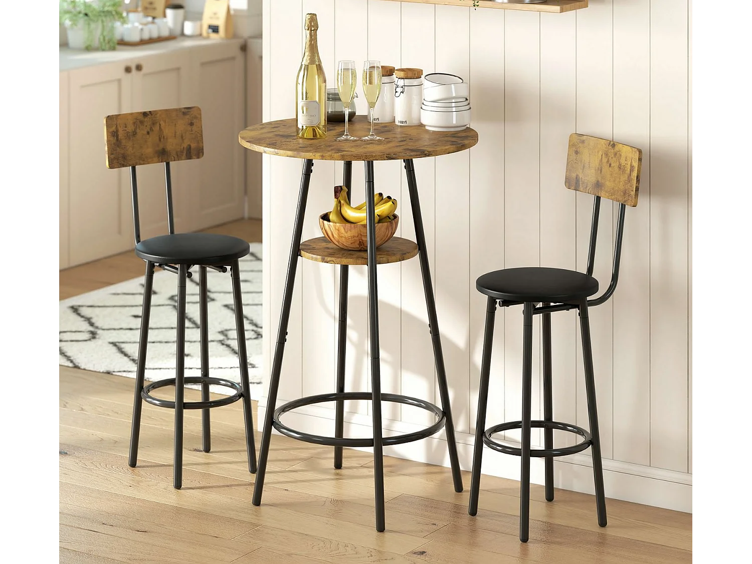 3-teiliges Bartisch-Set mit 2 gepolsterten Hockern, Rückenlehne,Küchentisch