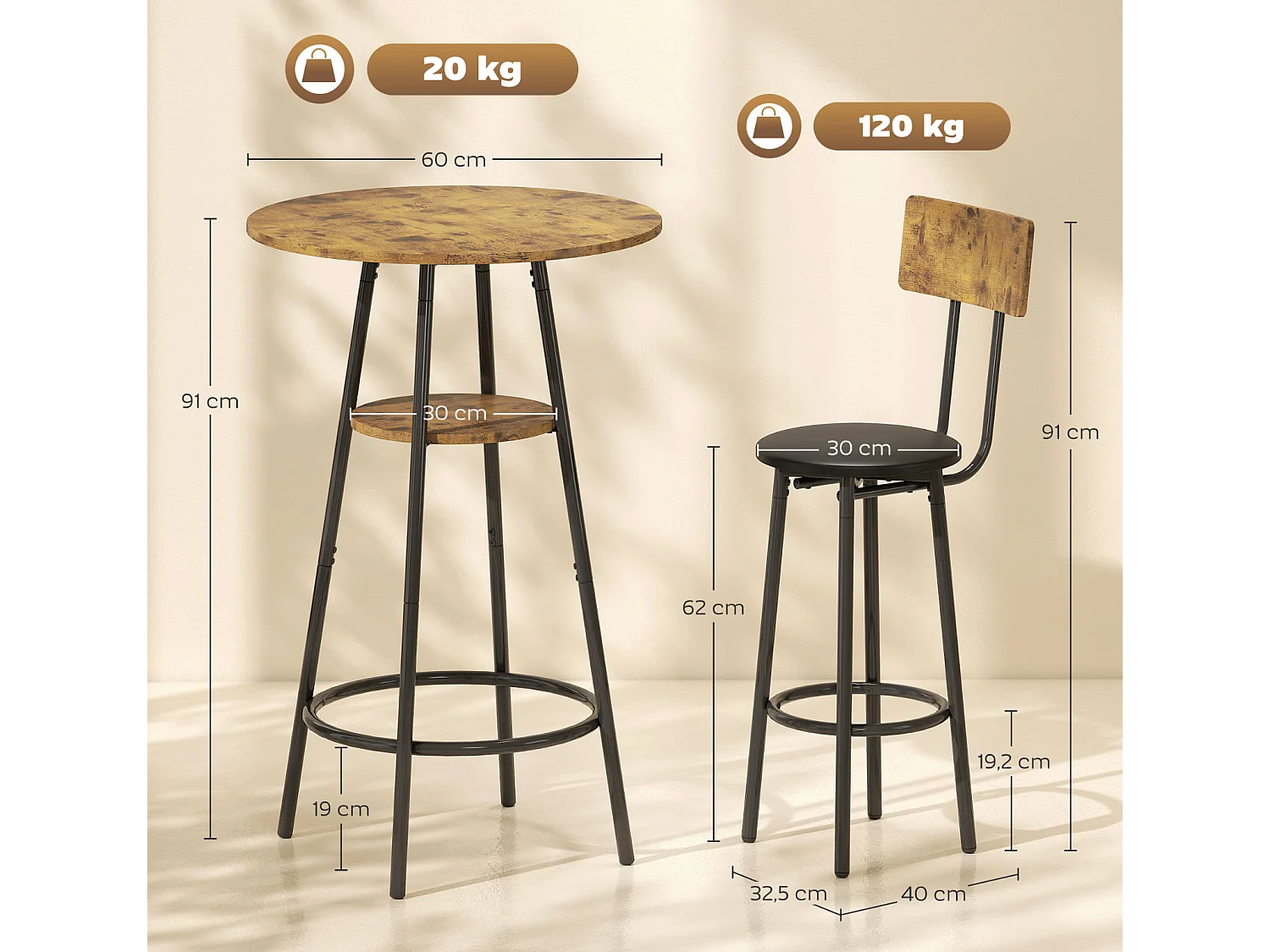 3-teiliges Bartisch-Set mit 2 gepolsterten Hockern, Rückenlehne,Küchentisch