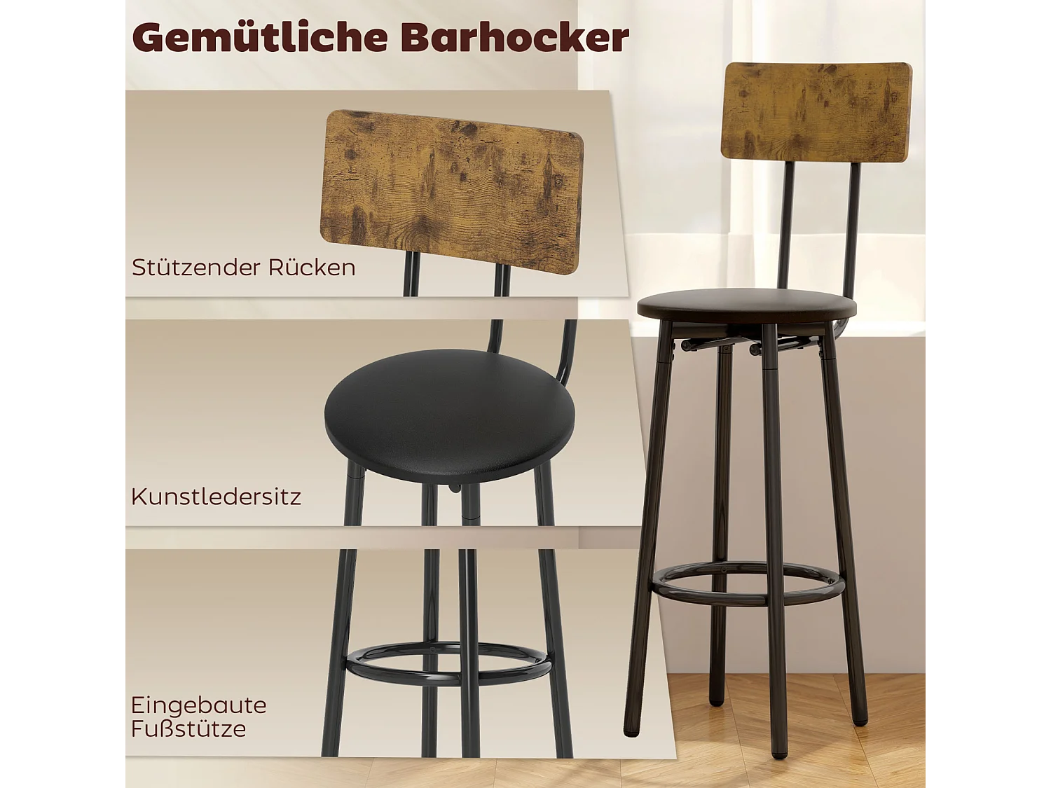 3-teiliges Bartisch-Set mit 2 gepolsterten Hockern, Rückenlehne,Küchentisch