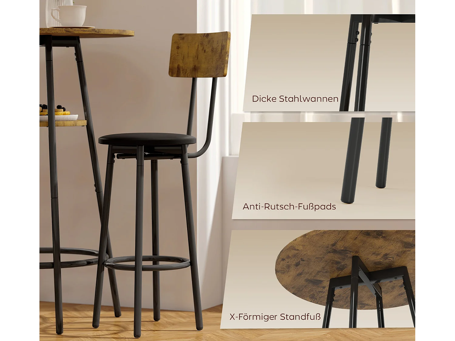 3-teiliges Bartisch-Set mit 2 gepolsterten Hockern, Rückenlehne,Küchentisch