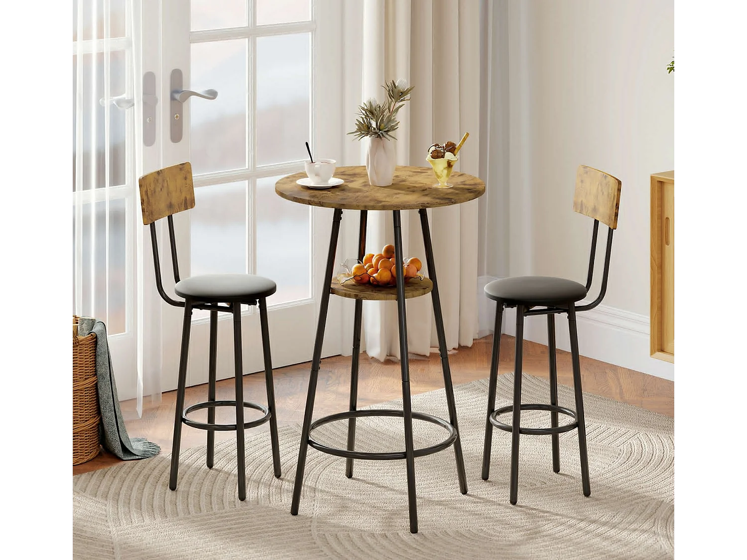 3-teiliges Bartisch-Set mit 2 gepolsterten Hockern, Rückenlehne,Küchentisch