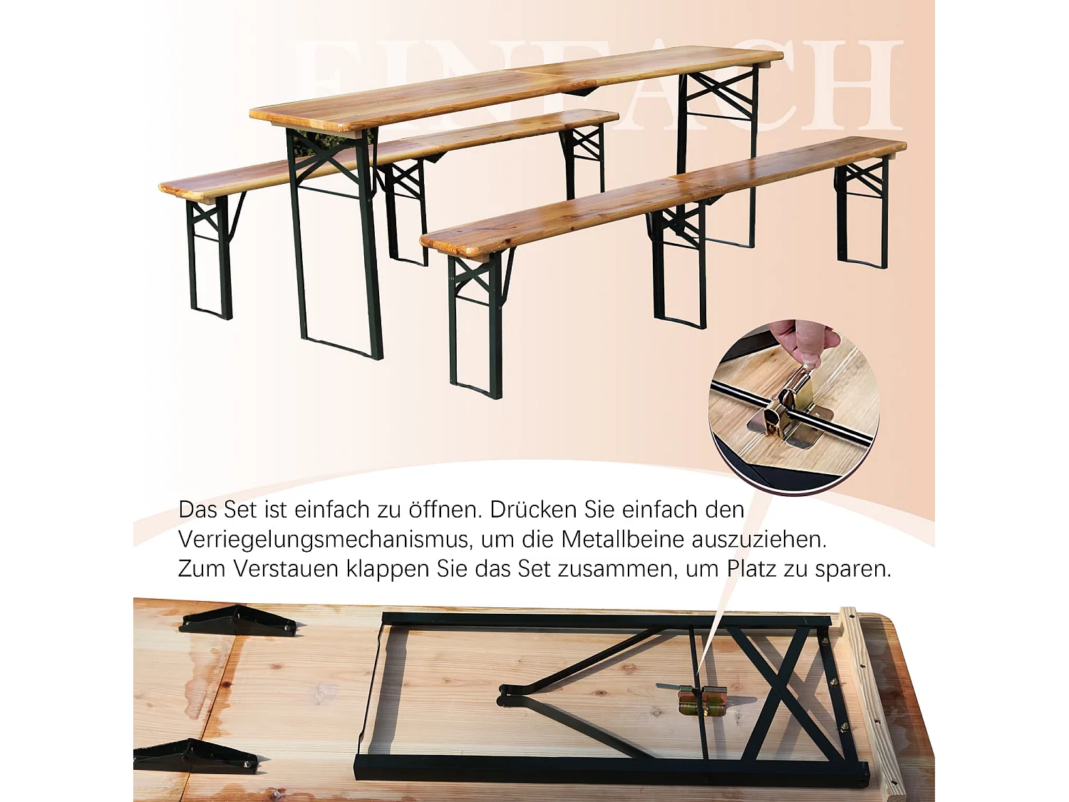 Faltbare Bierzeltgarnitur 220cm,3-teilig:1 Klapptisch+2 Bierbänke,wetterfeste Kiefer massiv,platzsparend, bis 200 kg, Biertischgarnitur Festzeltgarten