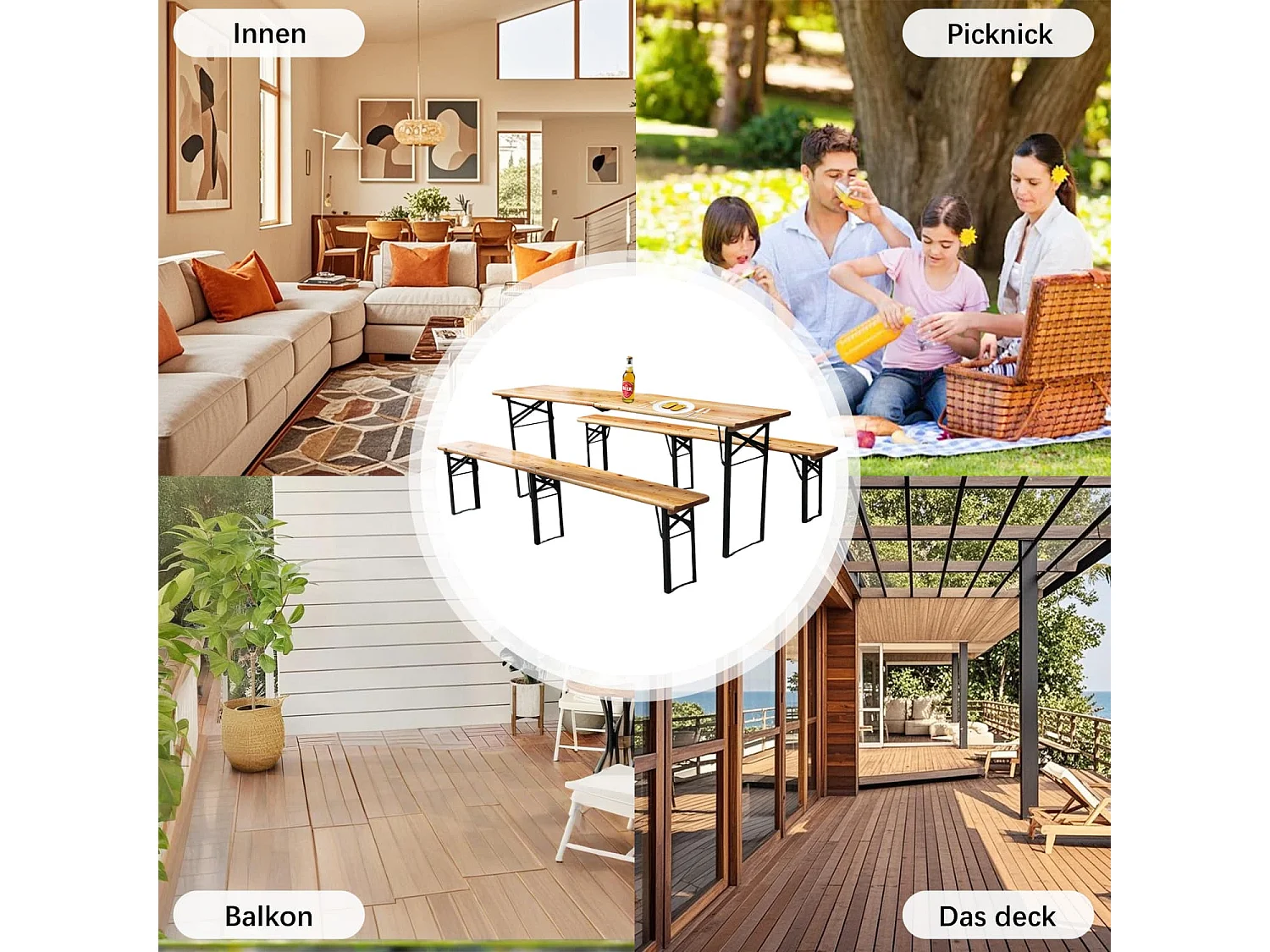 Faltbare Bierzeltgarnitur 220cm,3-teilig:1 Klapptisch+2 Bierbänke,wetterfeste Kiefer massiv,platzsparend, bis 200 kg, Biertischgarnitur Festzeltgarten