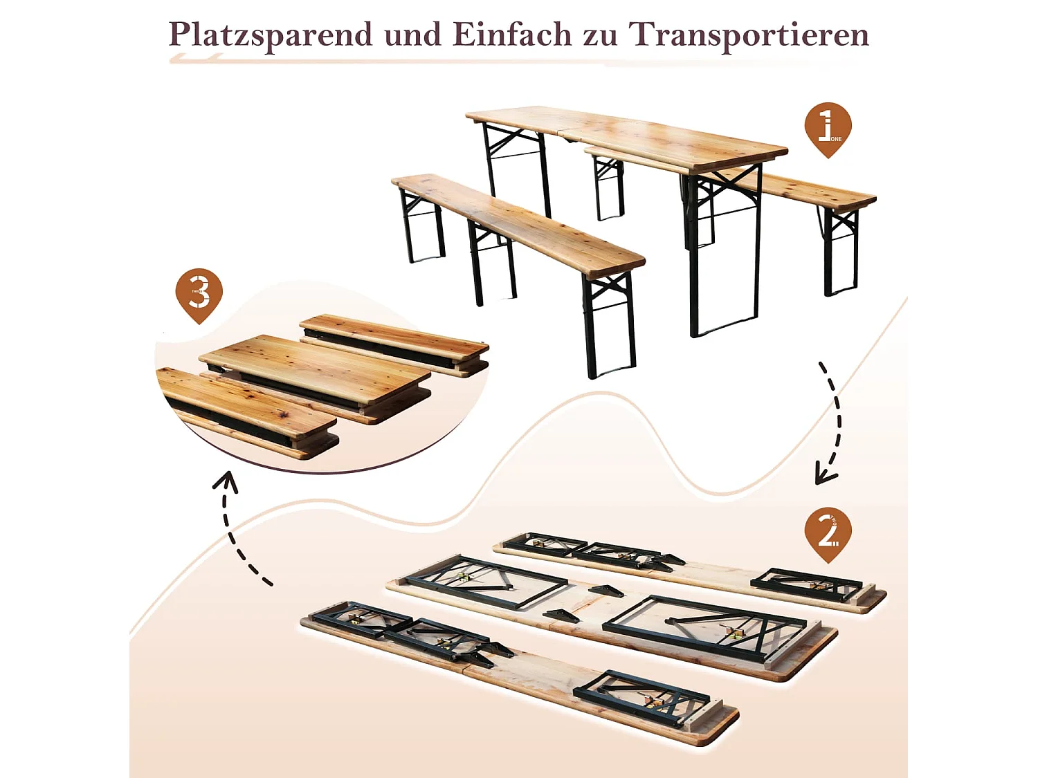 Faltbare Bierzeltgarnitur 220cm,3-teilig:1 Klapptisch+2 Bierbänke,wetterfeste Kiefer massiv,platzsparend, bis 200 kg, Biertischgarnitur Festzeltgarten