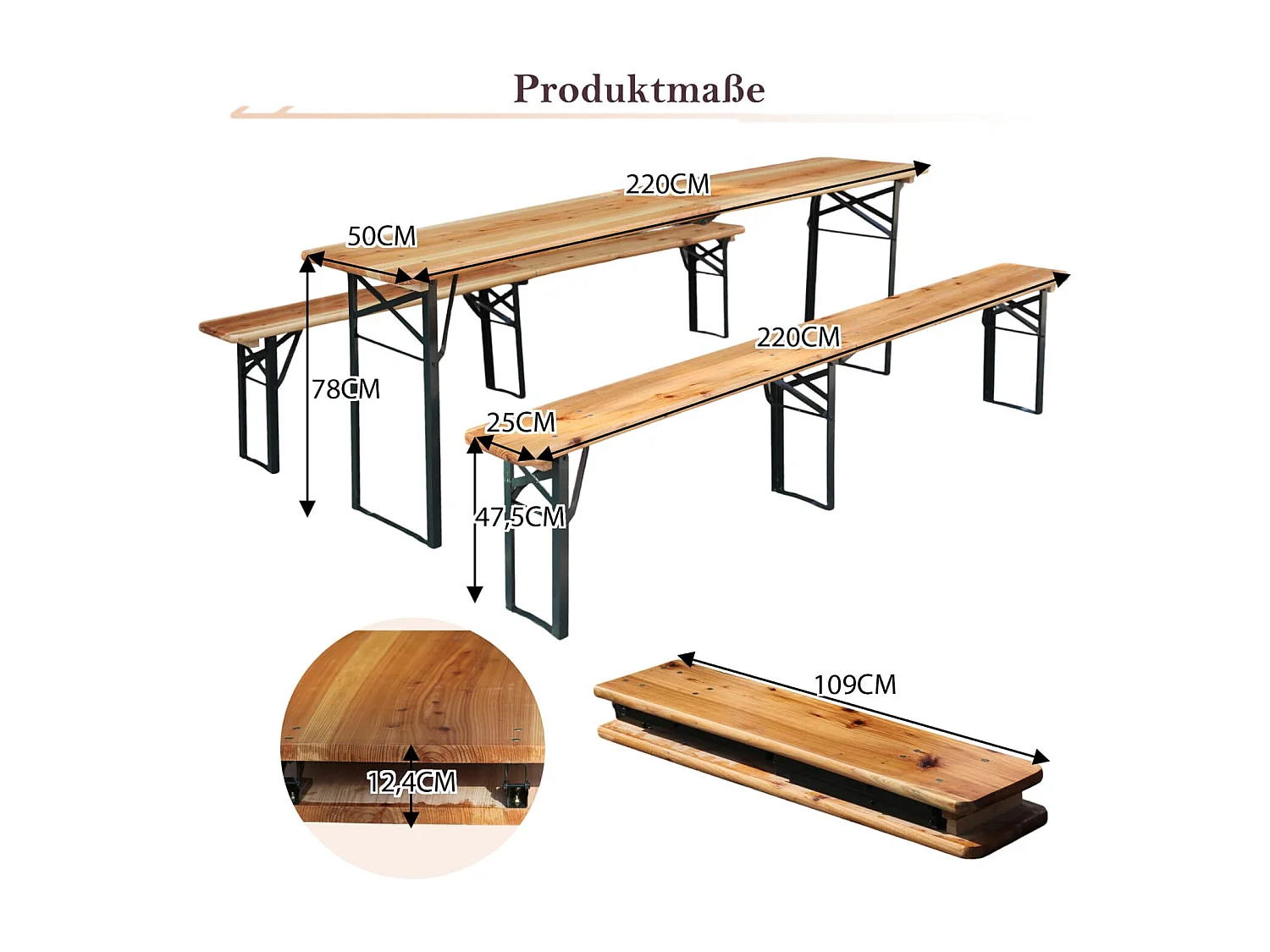Faltbare Bierzeltgarnitur 220cm,3-teilig:1 Klapptisch+2 Bierbänke,wetterfeste Kiefer massiv,platzsparend, bis 200 kg, Biertischgarnitur Festzeltgarten