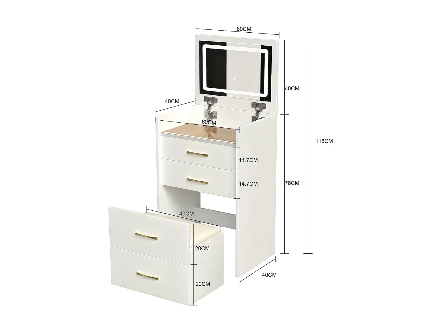 3-in-1-Schminktisch mit offenem Spiegel,kleines Schminktisch-Set mit Tischplatte aus Klarglas,kompakter Schminktisch mit 3 Schubladen,B60/H118/T40 cm