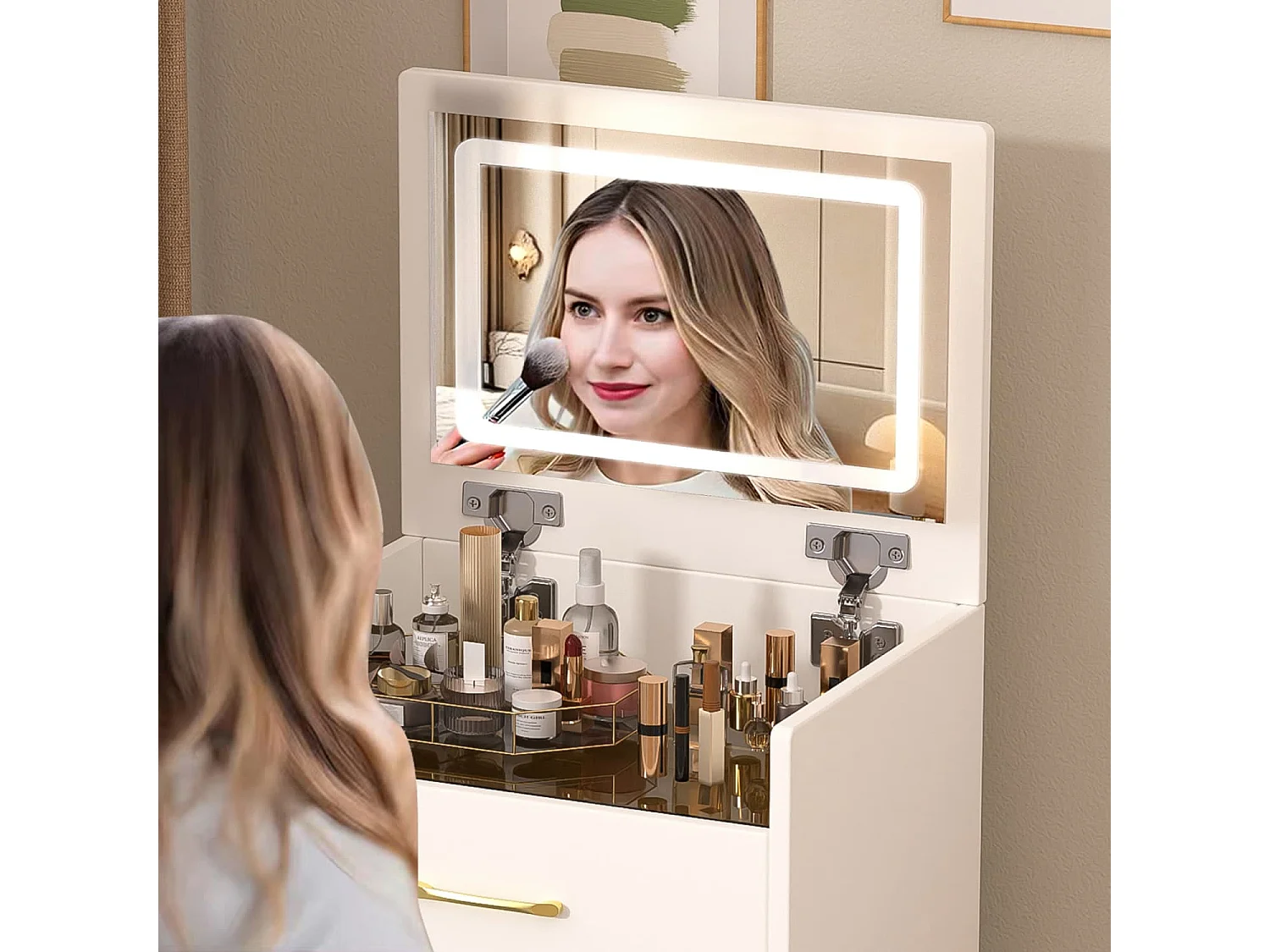 3-in-1-Schminktisch mit offenem Spiegel,kleines Schminktisch-Set mit Tischplatte aus Klarglas,kompakter Schminktisch mit 3 Schubladen,B60/H118/T40 cm