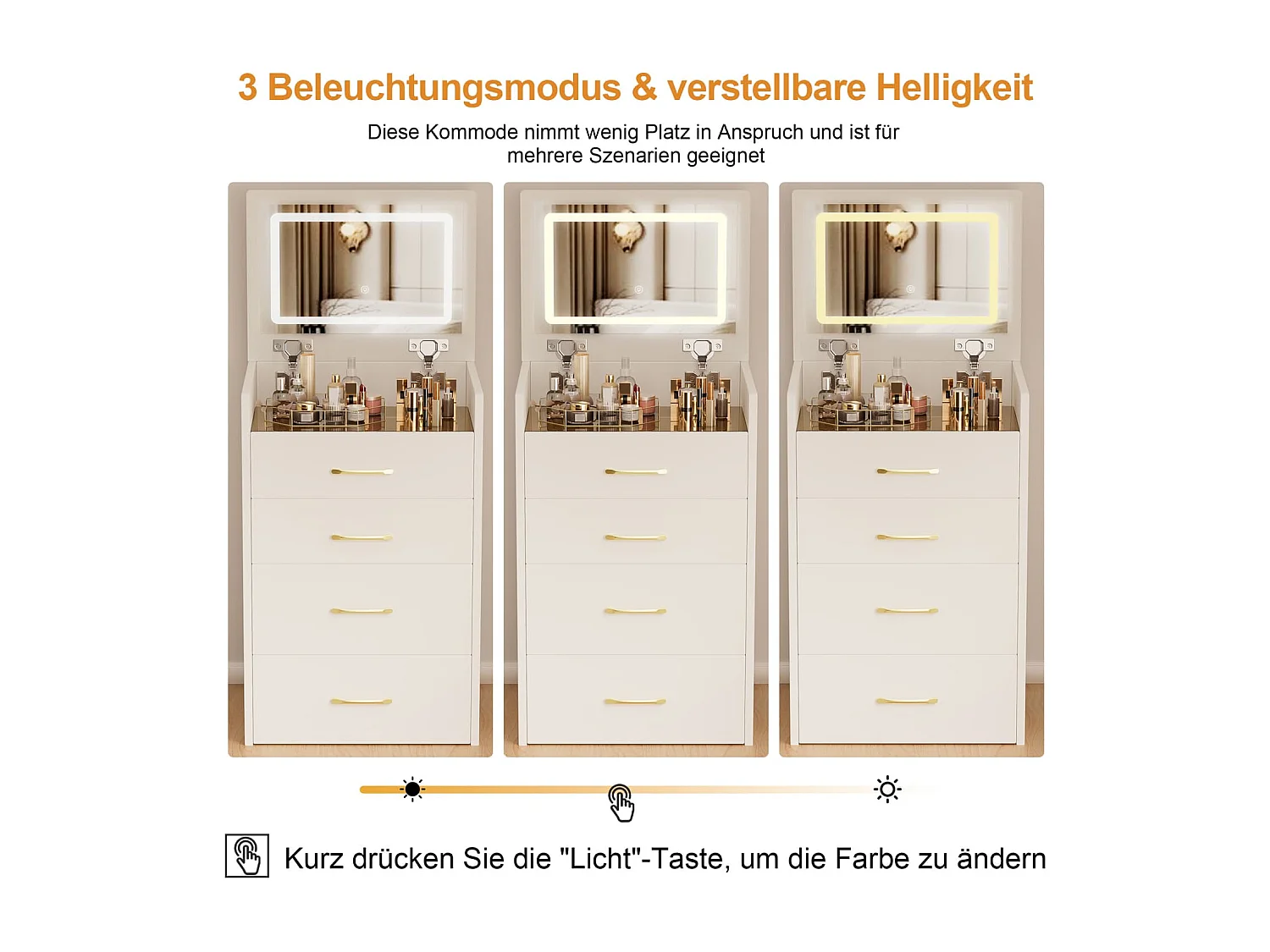 3-in-1-Schminktisch mit offenem Spiegel,kleines Schminktisch-Set mit Tischplatte aus Klarglas,kompakter Schminktisch mit 3 Schubladen,B60/H118/T40 cm