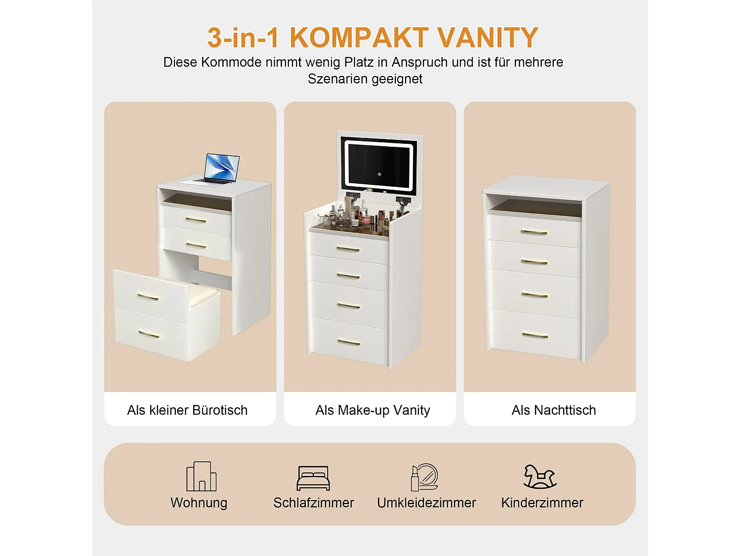 3-in-1-Schminktisch mit offenem Spiegel,kleines Schminktisch-Set mit Tischplatte aus Klarglas,kompakter Schminktisch mit 3 Schubladen,B60/H118/T40 cm