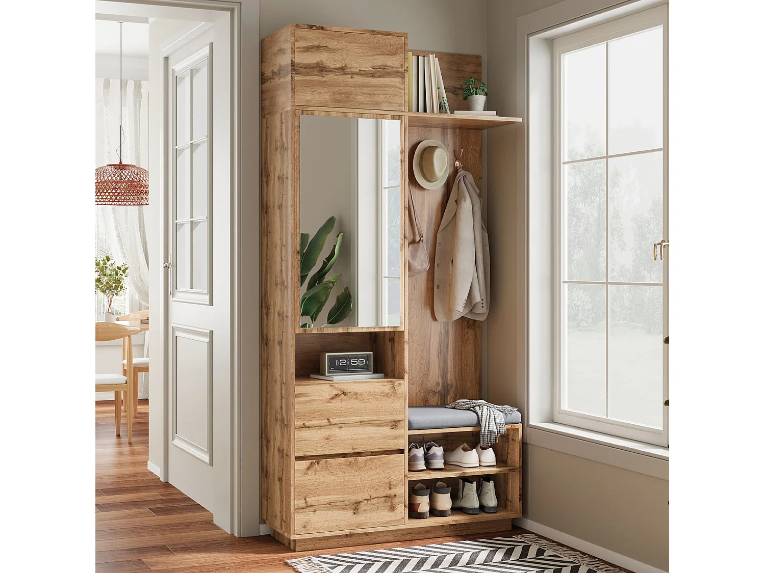 Kompaktgarderobe mit Spiegel und Sitzbank,Flurgarderobe  mit Schuhschrank und Haken, Kleiderhaken,Kompaktgarderobe,Flurmöbel Set,Flurgarderobe