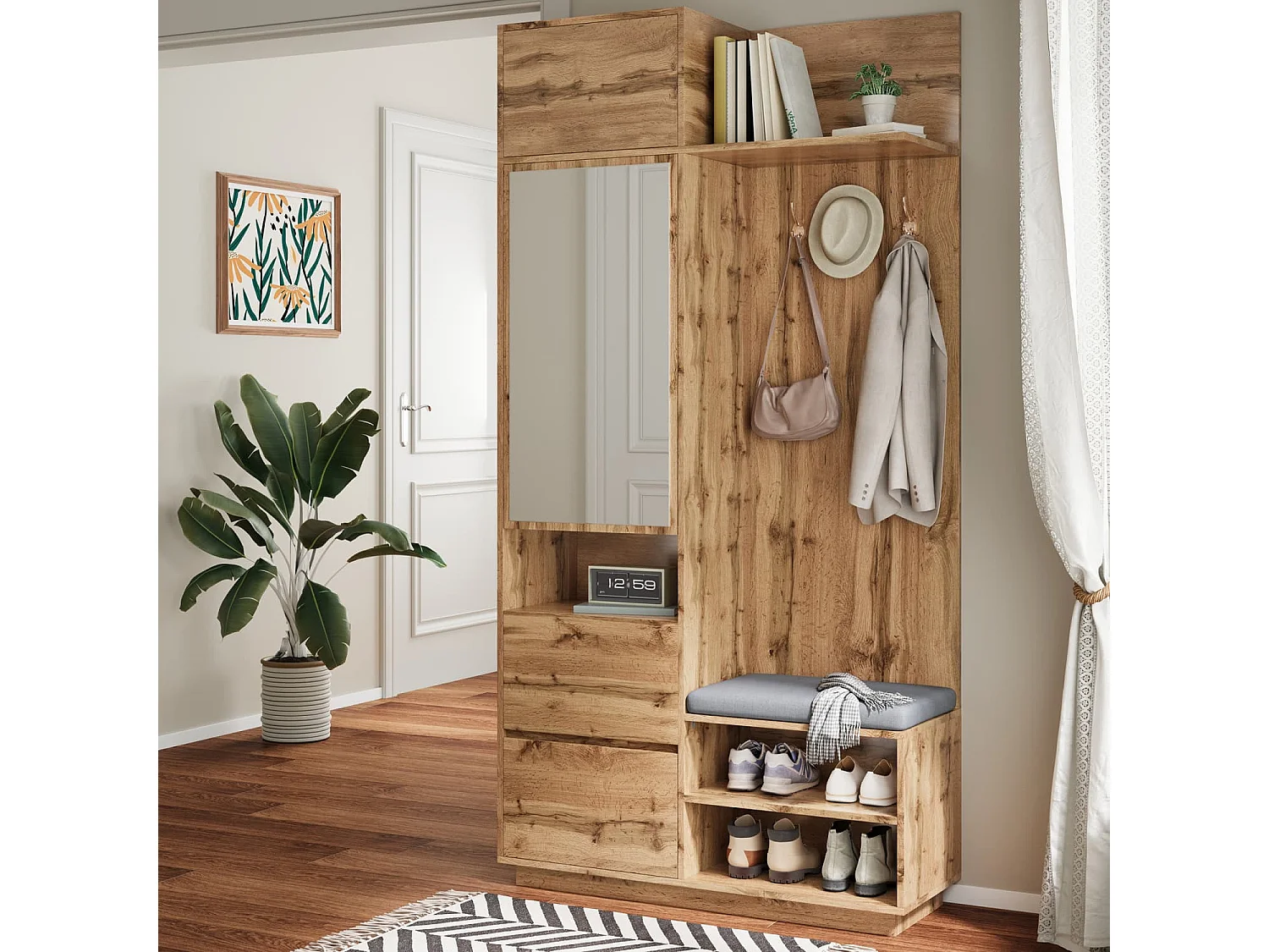 Kompaktgarderobe mit Spiegel und Sitzbank,Flurgarderobe  mit Schuhschrank und Haken, Kleiderhaken,Kompaktgarderobe,Flurmöbel Set,Flurgarderobe