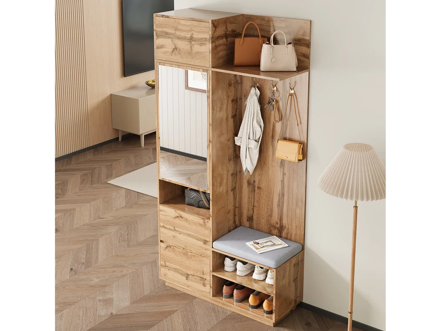 Kompaktgarderobe mit Spiegel und Sitzbank,Flurgarderobe  mit Schuhschrank und Haken, Kleiderhaken,Kompaktgarderobe,Flurmöbel Set,Flurgarderobe