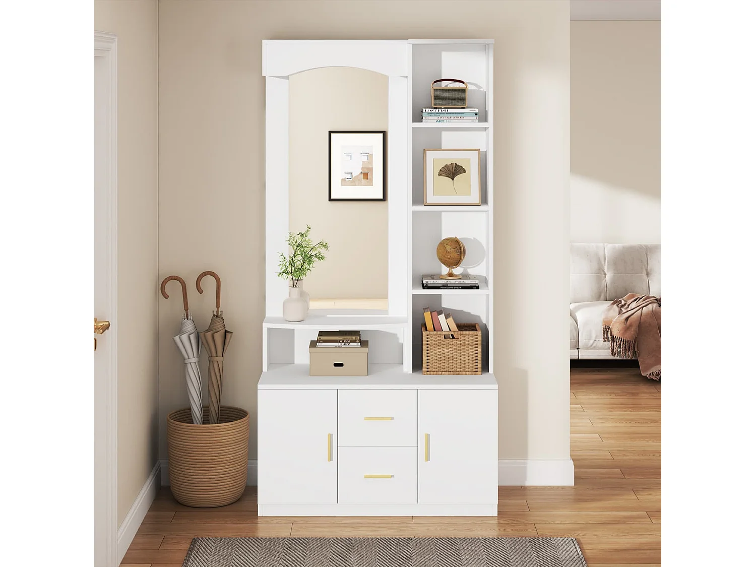 Multifunktionales Diele Flur mit Stauraum,Schränke mit Schuhschrank und Spiegel,Cabinet mit 2 Schublade und 2 Schränke, Kommoden mit Regal,Weiß