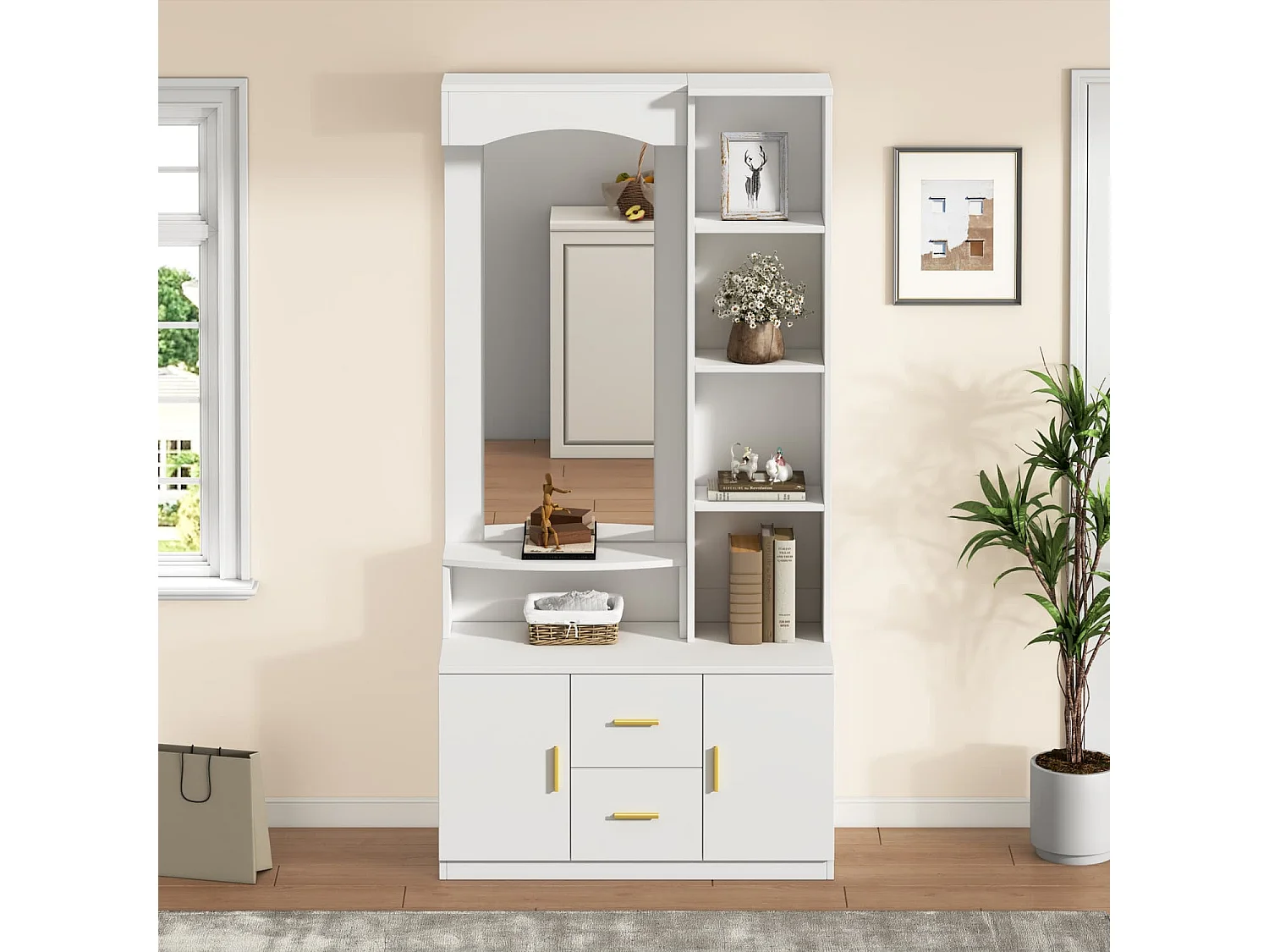 Multifunktionales Diele Flur mit Stauraum,Schränke mit Schuhschrank und Spiegel,Cabinet mit 2 Schublade und 2 Schränke, Kommoden mit Regal,Weiß