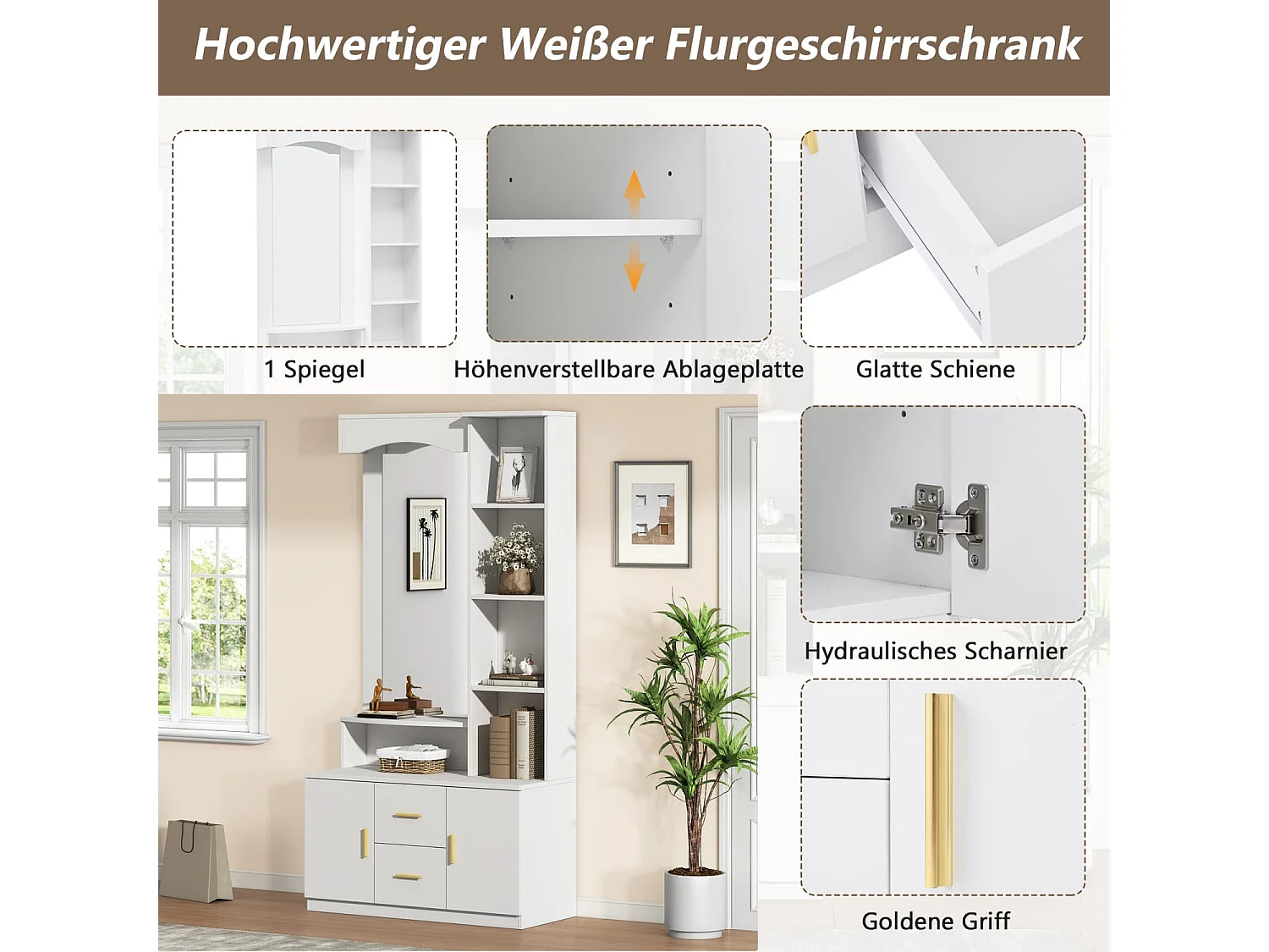 Multifunktionales Diele Flur mit Stauraum,Schränke mit Schuhschrank und Spiegel,Cabinet mit 2 Schublade und 2 Schränke, Kommoden mit Regal,Weiß