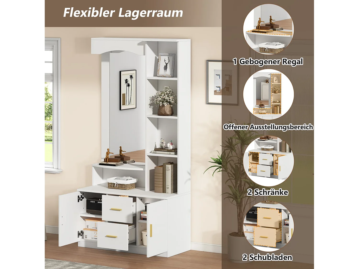 Multifunktionales Diele Flur mit Stauraum,Schränke mit Schuhschrank und Spiegel,Cabinet mit 2 Schublade und 2 Schränke, Kommoden mit Regal,Weiß