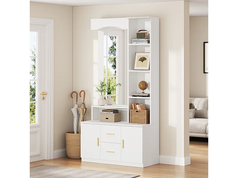 Multifunktionales Diele Flur mit Stauraum,Schränke mit Schuhschrank und Spiegel,Cabinet mit 2 Schublade und 2 Schränke, Kommoden mit Regal,Weiß