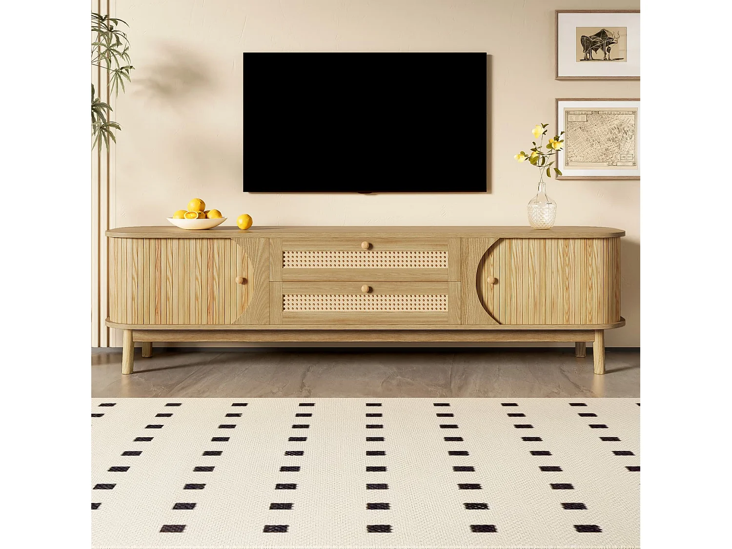 TV-Schrank – Natürlicher Holz-Blend TV-Schrank mit Türen und Schubladen. TV-Ständer mit Rattanseiten. Aufbewahrungslösung, Natürlicher Landhausstil