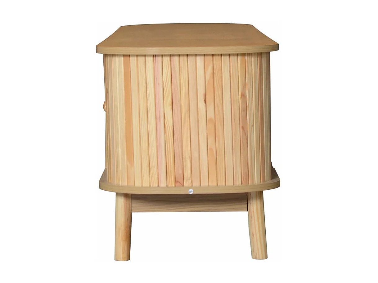 TV-Schrank – Natürlicher Holz-Blend TV-Schrank mit Türen und Schubladen. TV-Ständer mit Rattanseiten. Aufbewahrungslösung, Natürlicher Landhausstil