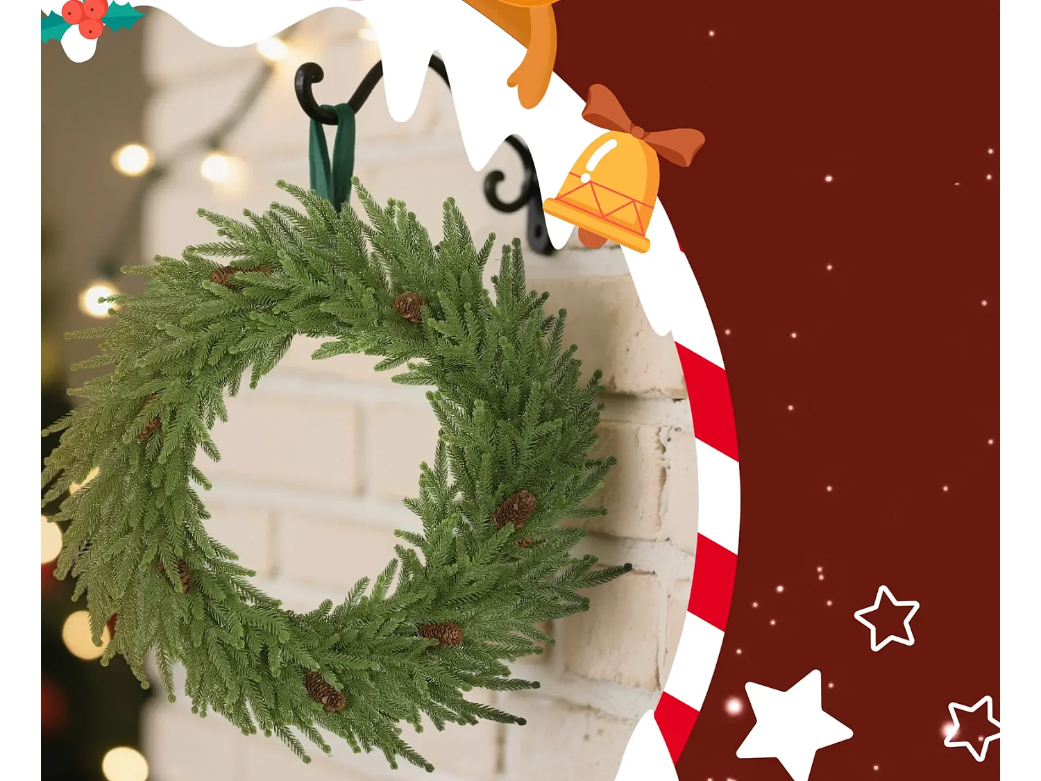 Weihnachtskranz mit Zapfen, Türkranz Künstlicher Weihnachtskranz für Tür Grün, Ø60 x 15 cm