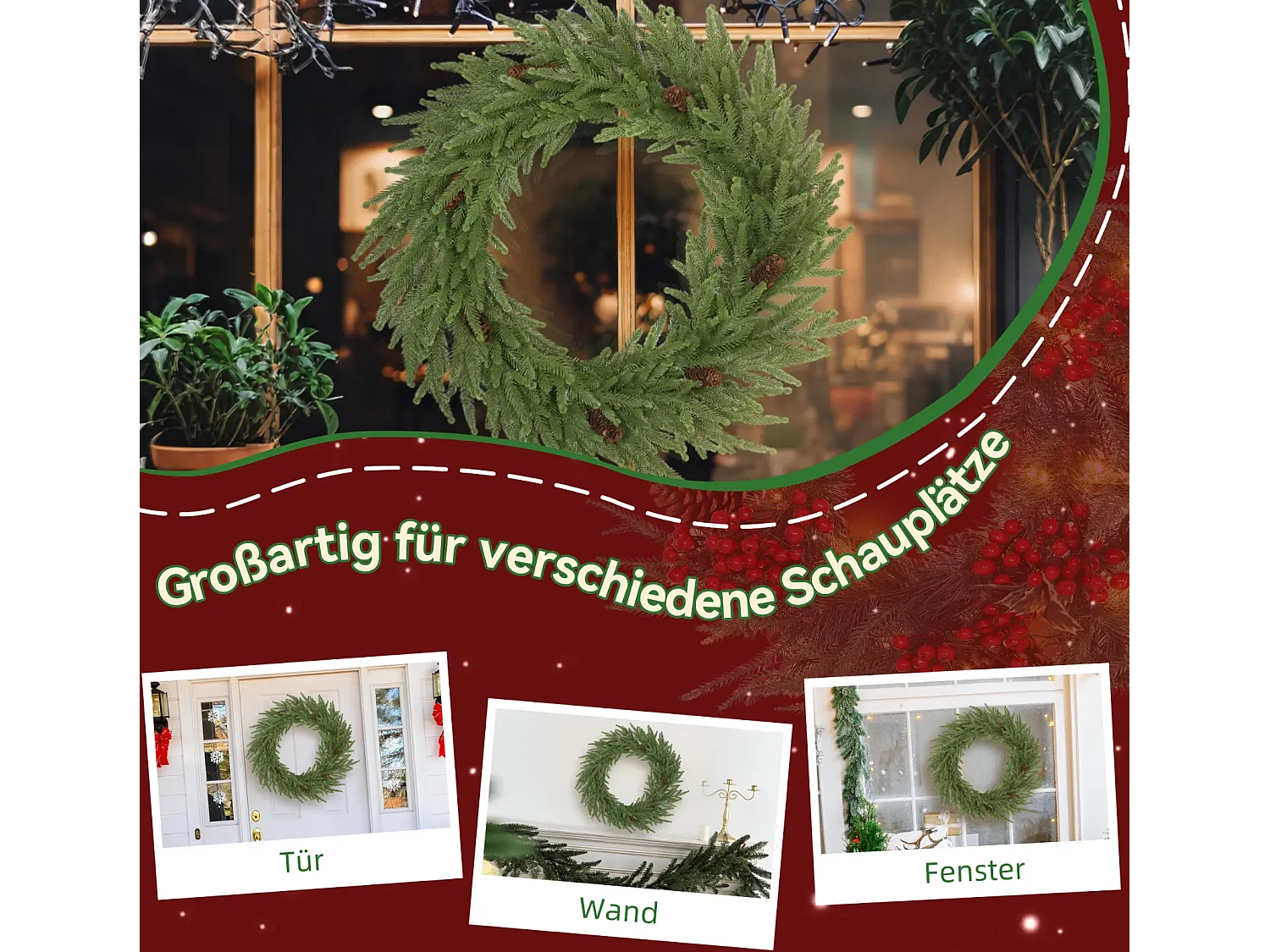 Weihnachtskranz mit Zapfen, Türkranz Künstlicher Weihnachtskranz für Tür Grün, Ø60 x 15 cm