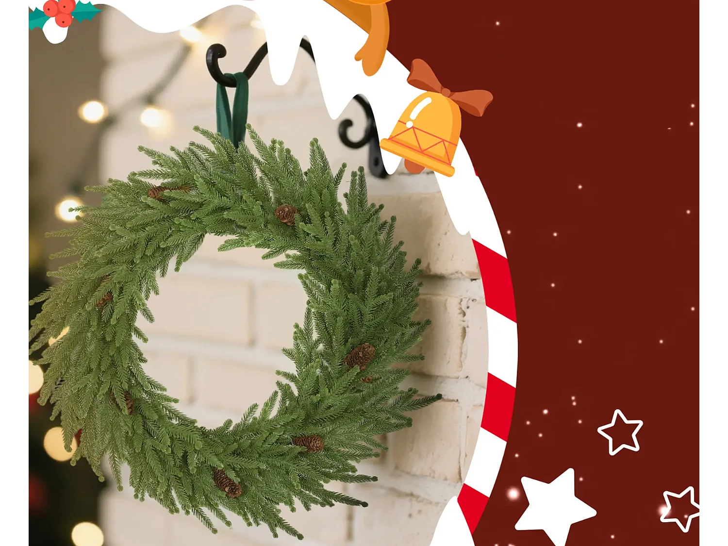 Weihnachtskranz mit Zapfen, Türkranz Künstlicher Weihnachtskranz für Tür Grün, Ø60 x 15 cm