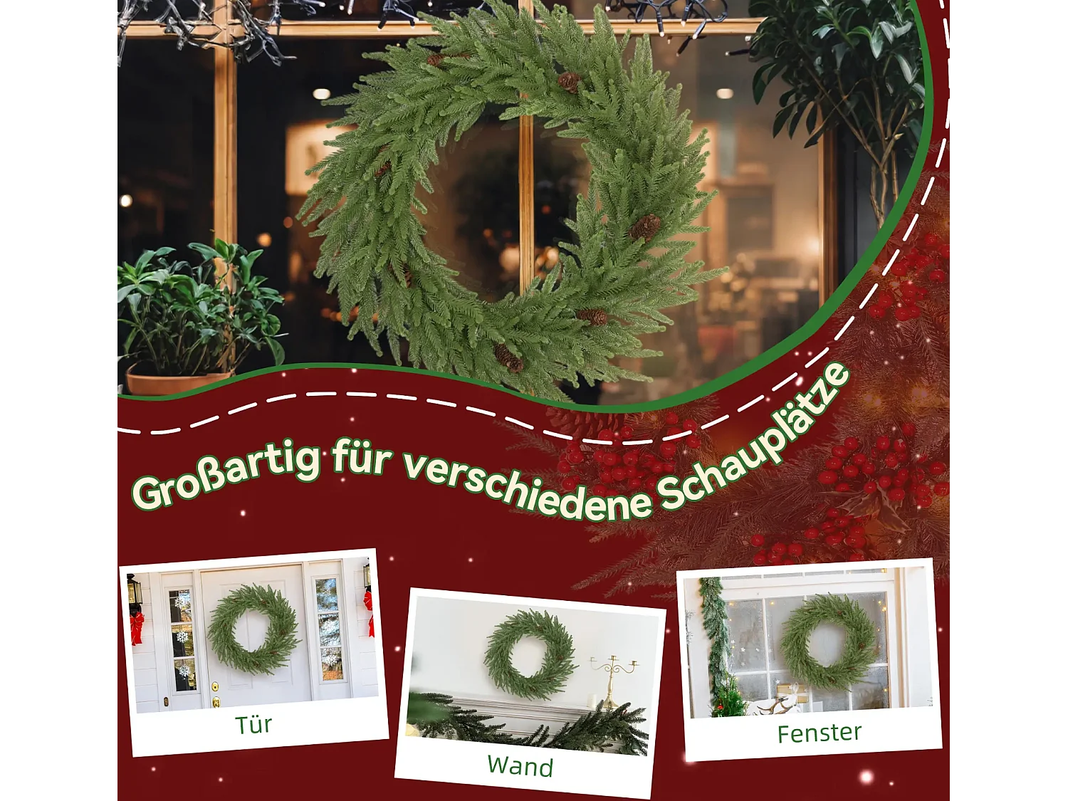 Weihnachtskranz mit Zapfen, Türkranz Künstlicher Weihnachtskranz für Tür Grün, Ø60 x 15 cm