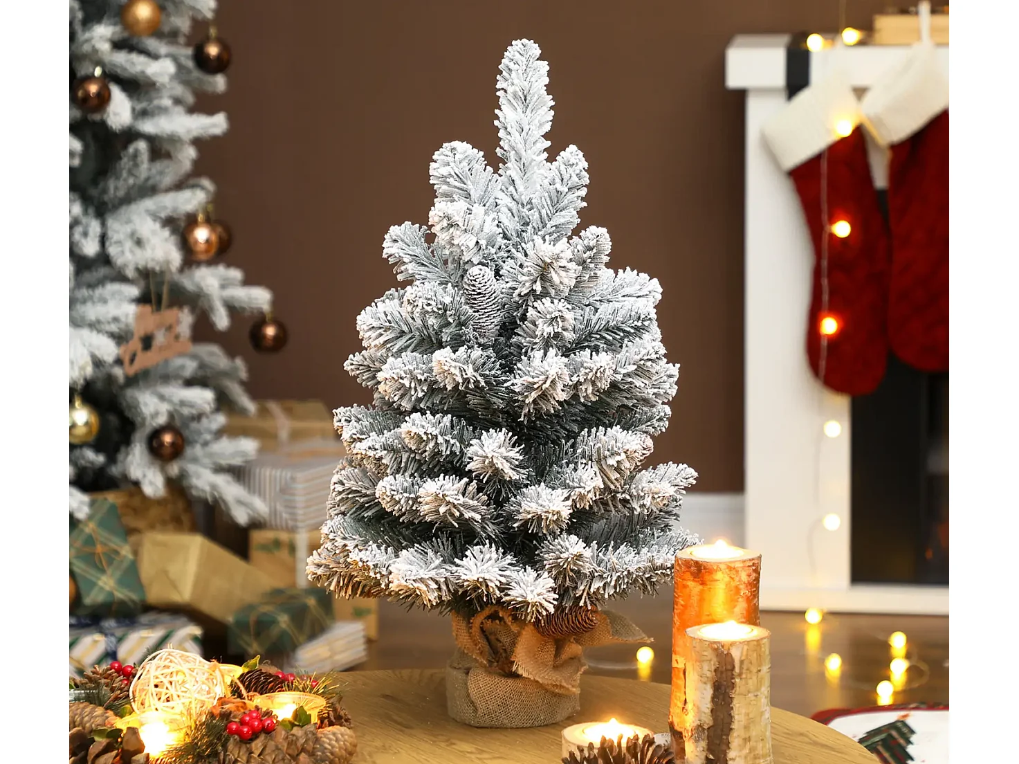 Mini Künstlicher Weihnachtsbaum 60 cm, Tannenbaum künstlich, 72 Spitzen 6 Tannenzapfen Zementbasis